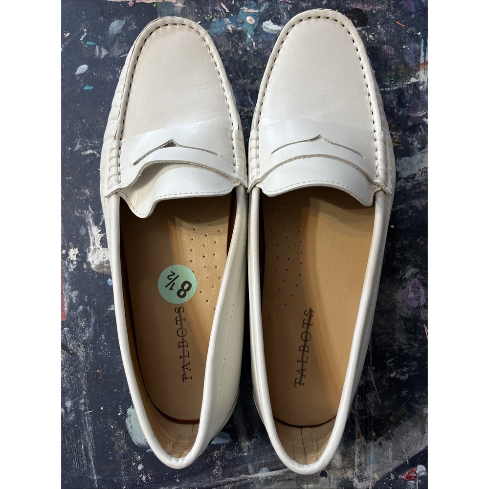 Talbots Womens White Leather Penny Loafers Driving Mocs Made in BrazilSz 8.5 N